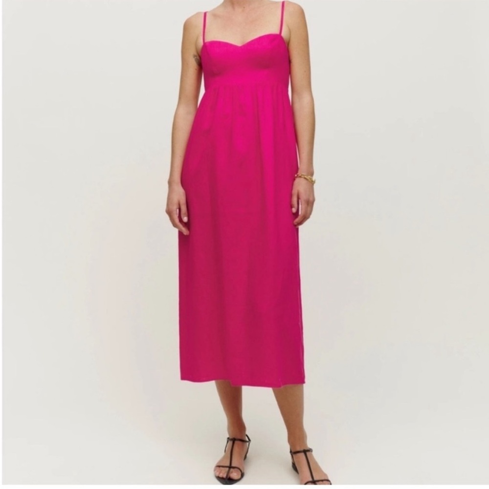 Reformation Odette Linen Midi sweetheart strap dress, Raspberry pink, size 2